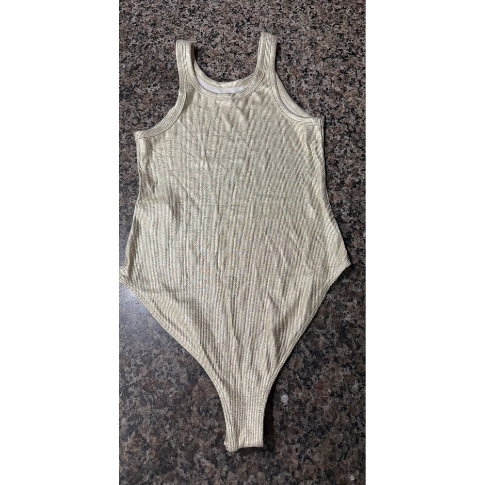 Zara Gold Metallic Ribbed Sleeveless Bodice Thong‎ Bodysuit Womens Size Medium